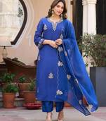 Embroidery Viscose Chanderi Fabric Straight Kurta Pant and Dupatta Set