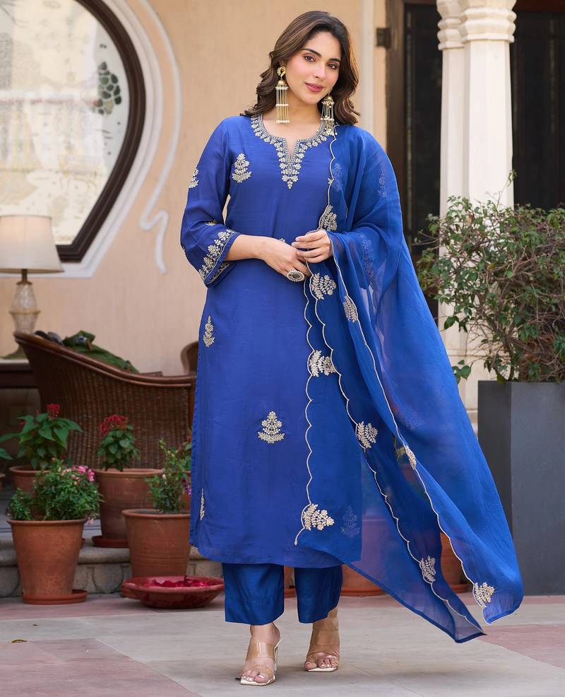 Embroidery Viscose Chanderi Fabric Straight Kurta Pant and Dupatta Set