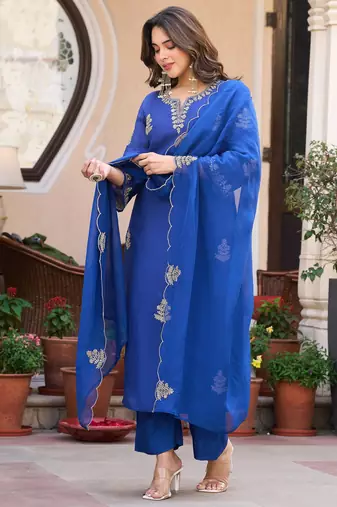 Embroidery Viscose Chanderi Fabric Straight Kurta Pant and Dupatta Set