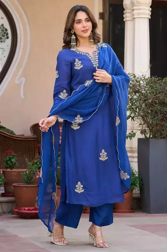 Embroidery Viscose Chanderi Fabric Straight Kurta Pant and Dupatta Set