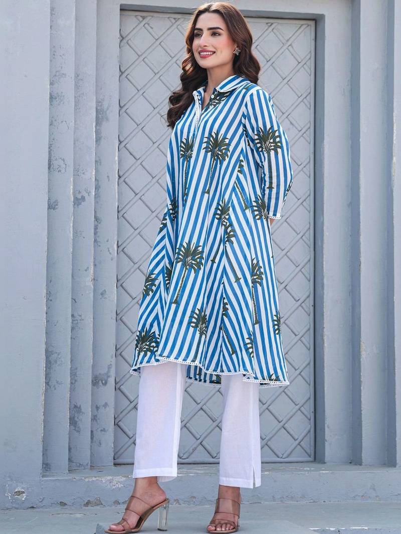 Women Printed Regular Pure Cotton Kurti with Trousers