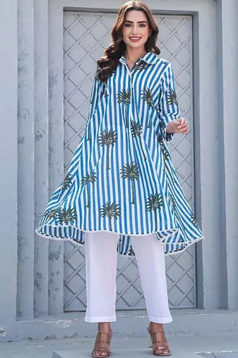 Women Printed Regular Pure Cotton Kurti with Trousers