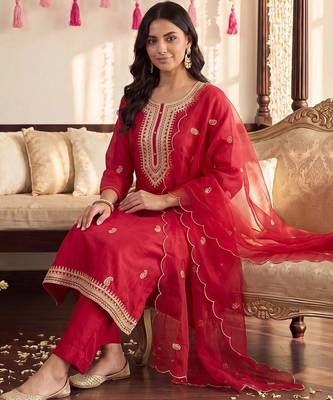 Women Ethnic Motifs Embroidered Regular Kurta with Trousers & With Dupatta 5
