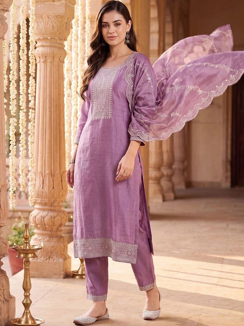 Women Ethnic Motifs Embroidered Regular Thread Work Kurta with Trousers & With Dupatta