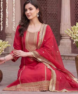 Women Ethnic Motifs Embroidered Regular Kurta with Trousers & With Dupatta 5