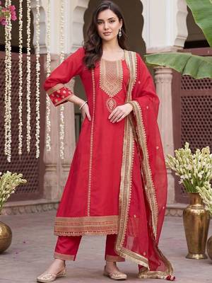 Women Ethnic Motifs Embroidered Regular Kurta with Trousers & With Dupatta 6