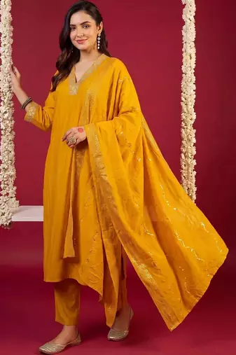 Women Ethnic Motifs Embroidered Regular Kurta with Trousers & With Dupatta