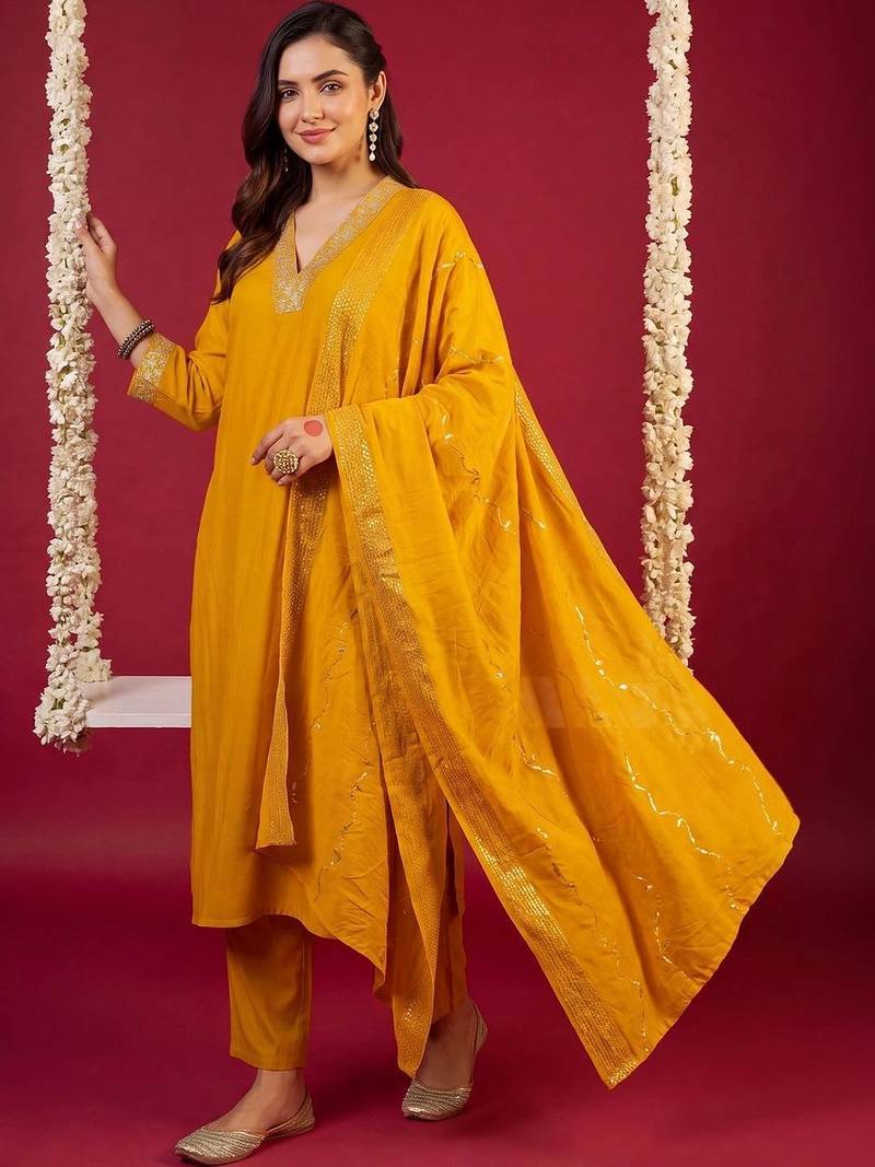 Women Ethnic Motifs Embroidered Regular Kurta with Trousers & With Dupatta