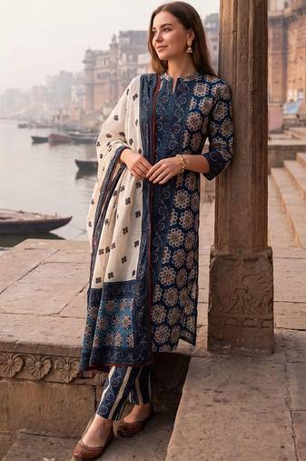 Women Floral Printed Regular Pure Cotton Kurta with Trousers & With Dupatta