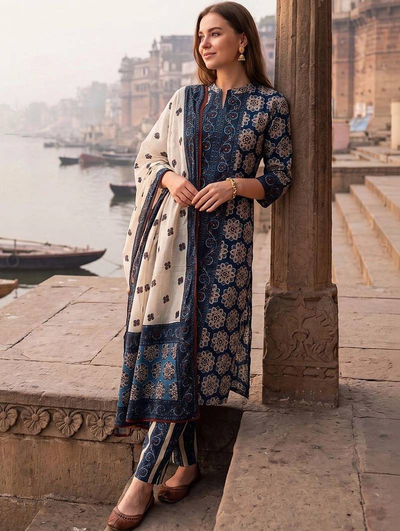Women Floral Printed Regular Pure Cotton Kurta with Trousers & With Dupatta