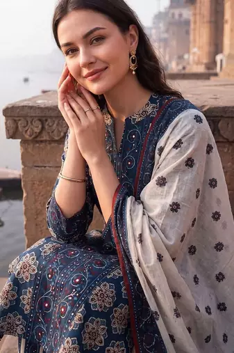 Women Floral Printed Regular Pure Cotton Kurta with Trousers & With Dupatta