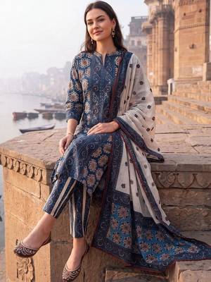 Women Floral Printed Regular Pure Cotton Kurta with Trousers & With Dupatta 5