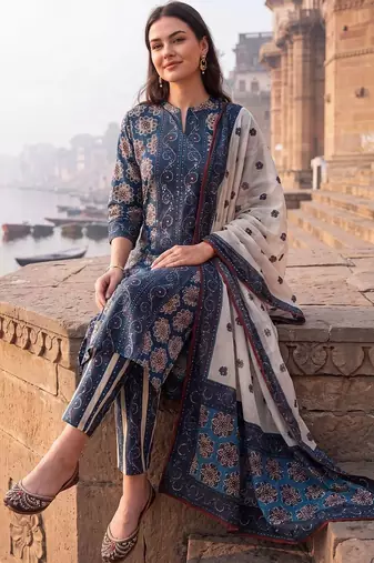 Women Floral Printed Regular Pure Cotton Kurta with Trousers & With Dupatta