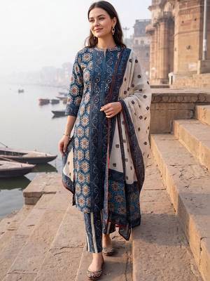 Women Floral Printed Regular Pure Cotton Kurta with Trousers & With Dupatta 6
