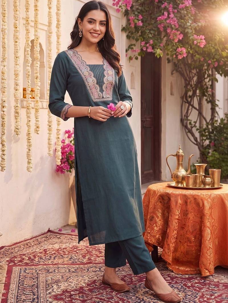 Women Ethnic Motifs Embroidered Regular Thread Work Kurta with Trousers