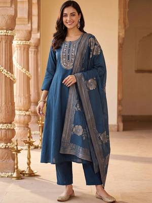 Women Ethnic Motifs Embroidered Regular Thread Work Kurta with Trousers & With Dupatta 6