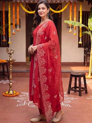 Women Ethnic Motifs Embroidered Regular Thread Work Kurta with Trousers & With Dupatta 3