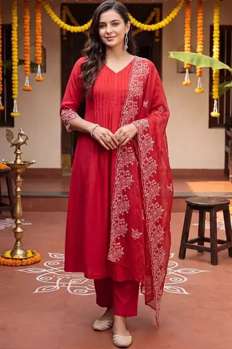 Women Ethnic Motifs Embroidered Regular Thread Work Kurta with Trousers & With Dupatta