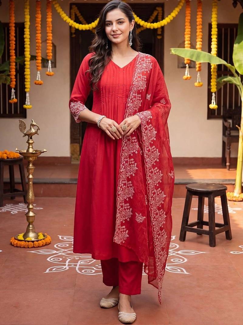 Women Ethnic Motifs Embroidered Regular Thread Work Kurta with Trousers & With Dupatta