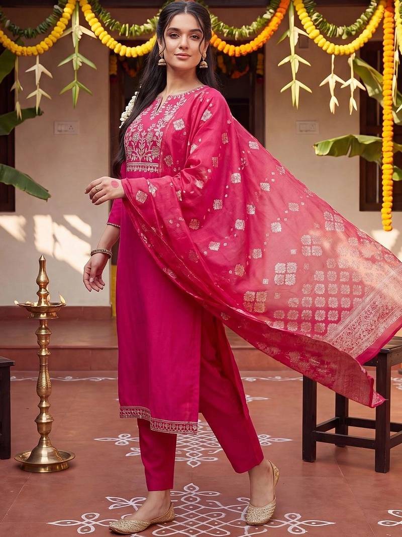Women Ethnic Motifs Embroidered Regular Thread Work Kurta with Trousers & With Dupatta