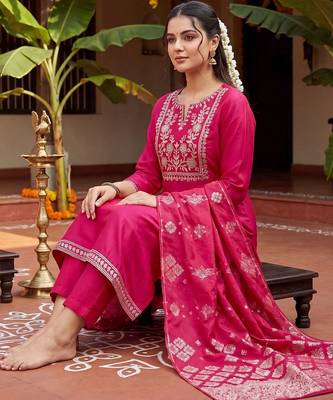 Women Ethnic Motifs Embroidered Regular Thread Work Kurta with Trousers & With Dupatta 5