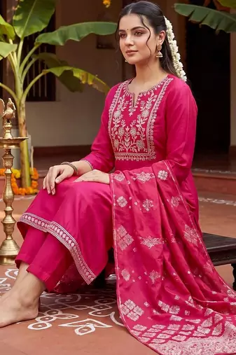 Women Ethnic Motifs Embroidered Regular Thread Work Kurta with Trousers & With Dupatta