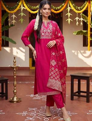Women Ethnic Motifs Embroidered Regular Thread Work Kurta with Trousers & With Dupatta 6
