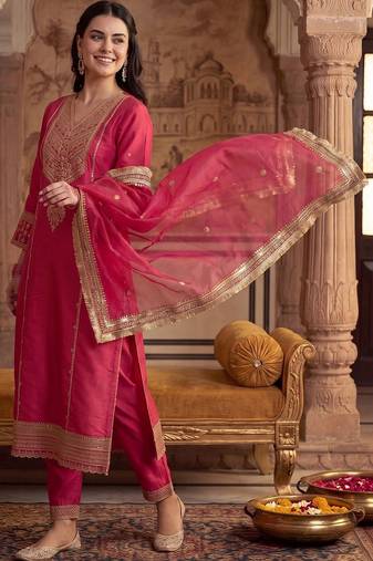 Women Ethnic Motifs Embroidered Regular Kurta with Trousers & With Dupatta