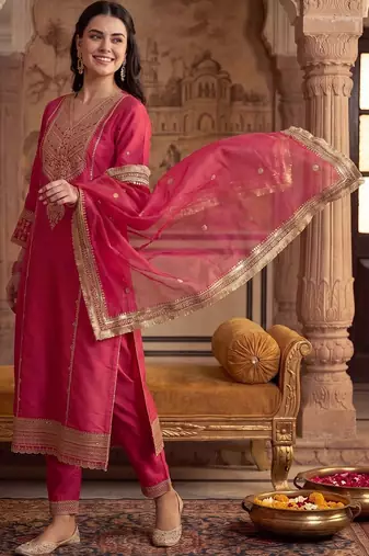 Women Ethnic Motifs Embroidered Regular Kurta with Trousers & With Dupatta