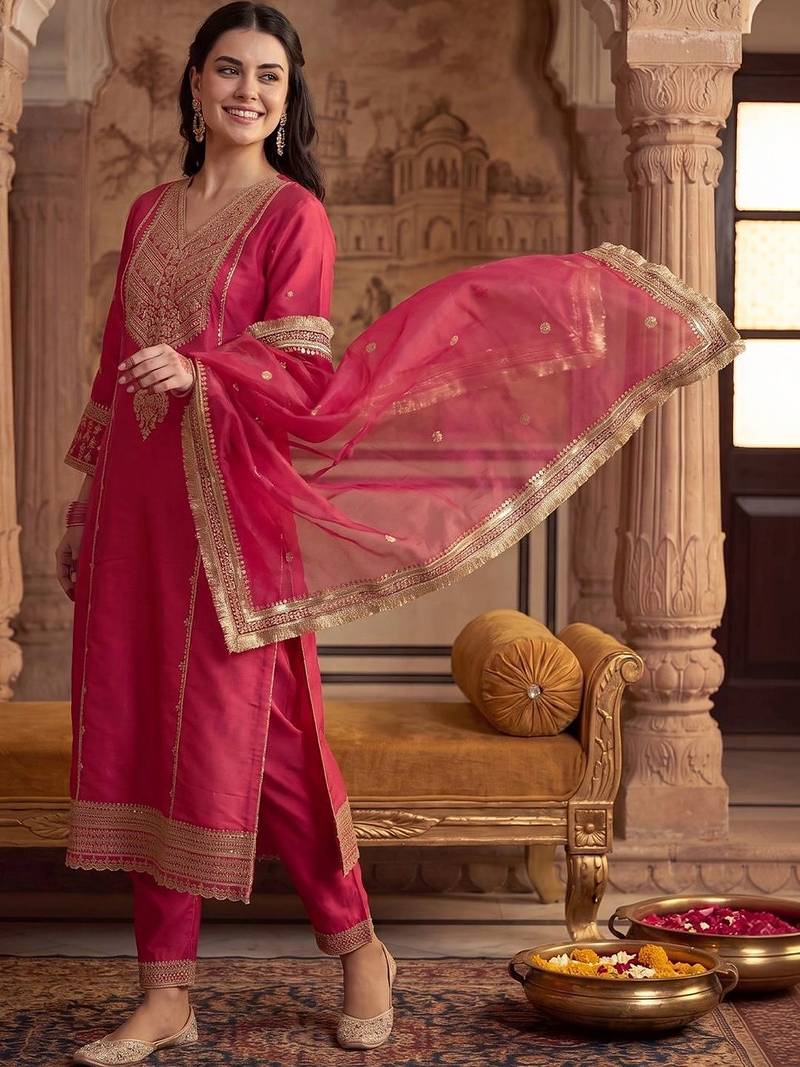 Women Ethnic Motifs Embroidered Regular Kurta with Trousers & With Dupatta