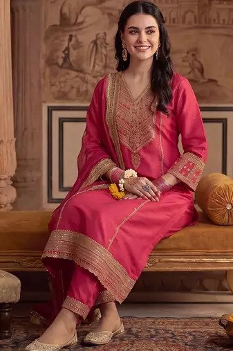 Women Ethnic Motifs Embroidered Regular Kurta with Trousers & With Dupatta