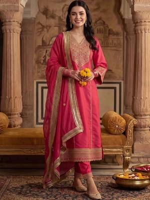 Women Ethnic Motifs Embroidered Regular Kurta with Trousers & With Dupatta 6