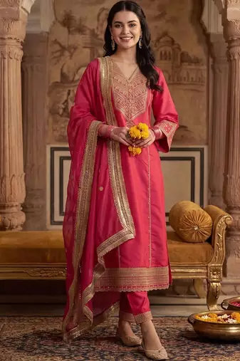 Women Ethnic Motifs Embroidered Regular Kurta with Trousers & With Dupatta