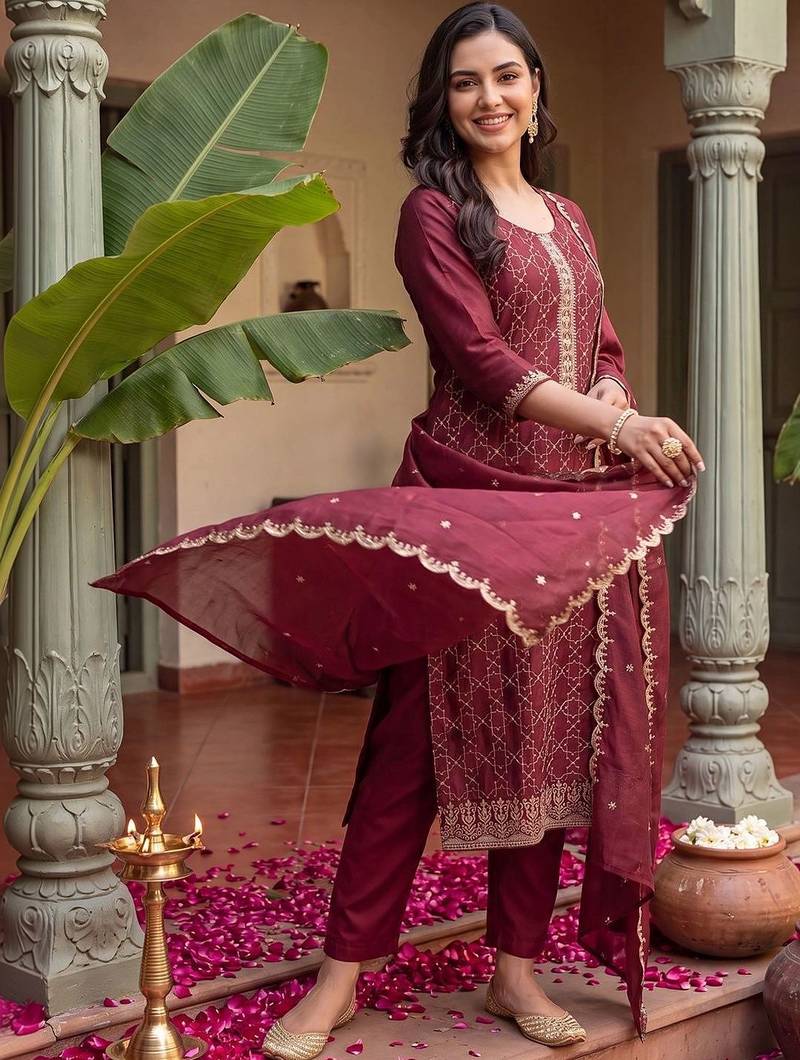 Women Ethnic Motifs Embroidered Regular Thread Work Kurta with Trousers & With Dupatta