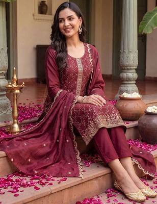 Women Ethnic Motifs Embroidered Regular Thread Work Kurta with Trousers & With Dupatta 5