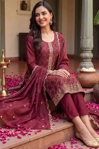 Women Ethnic Motifs Embroidered Regular Thread Work Kurta with Trousers & With Dupatta