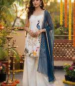 Embroidery French Crepe Fabric Straight Kurta Palazzo and Dupatta Set