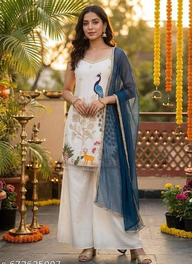 Embroidery French Crepe Fabric Straight Kurta Palazzo and Dupatta Set
