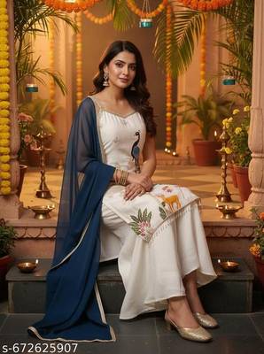 Embroidery French Crepe Fabric Straight Kurta Palazzo and Dupatta Set 2