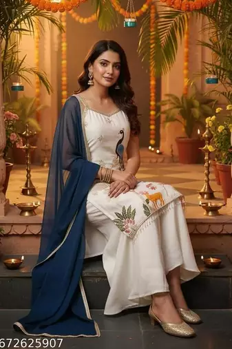 Embroidery French Crepe Fabric Straight Kurta Palazzo and Dupatta Set