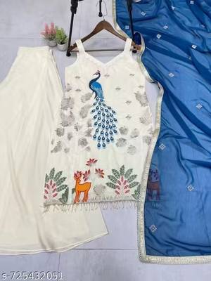 Embroidery French Crepe Fabric Straight Kurta Palazzo and Dupatta Set 3