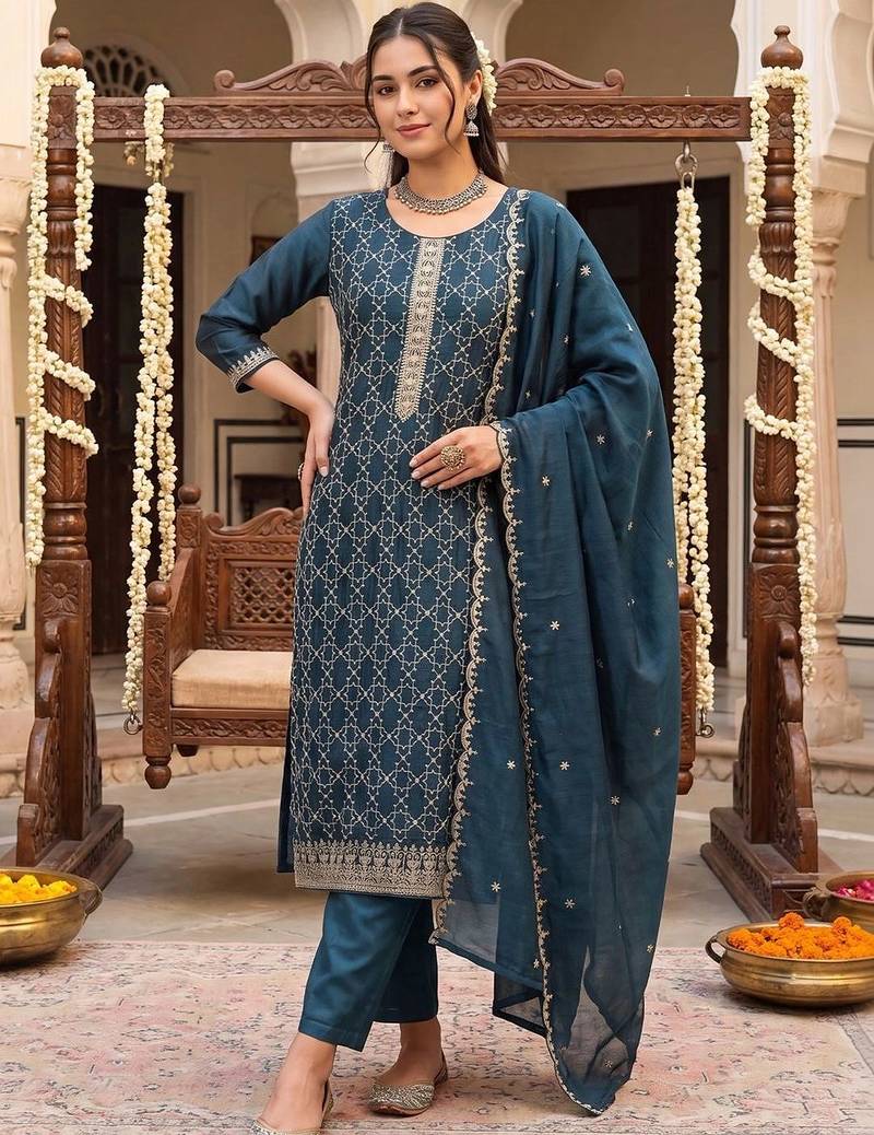Women Ethnic Motifs Embroidered Regular Thread Work Kurta with Trousers & With Dupatta