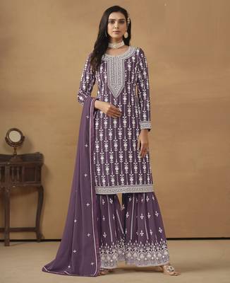 graceful wine purple embroidered georgette sharara salwar suit 1