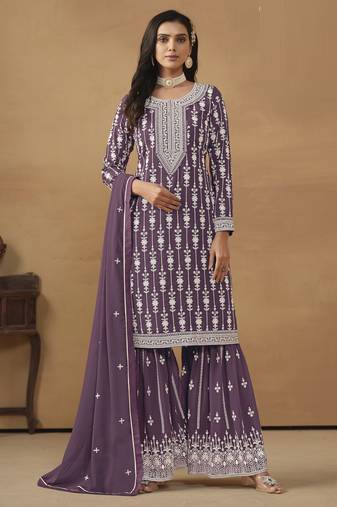 graceful wine purple embroidered georgette sharara salwar suit