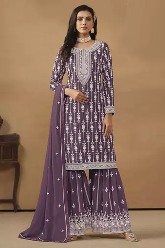 graceful wine purple embroidered georgette sharara salwar suit