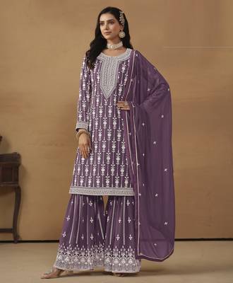 graceful wine purple embroidered georgette sharara salwar suit 2