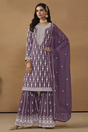 graceful wine purple embroidered georgette sharara salwar suit