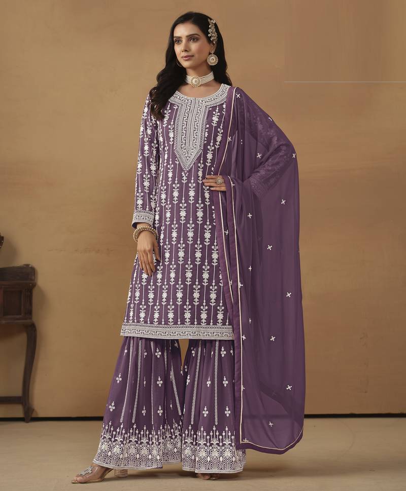 graceful wine purple embroidered georgette sharara salwar suit