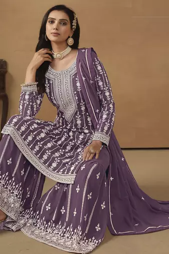 graceful wine purple embroidered georgette sharara salwar suit