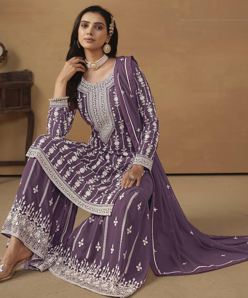 graceful wine purple embroidered georgette sharara salwar suit